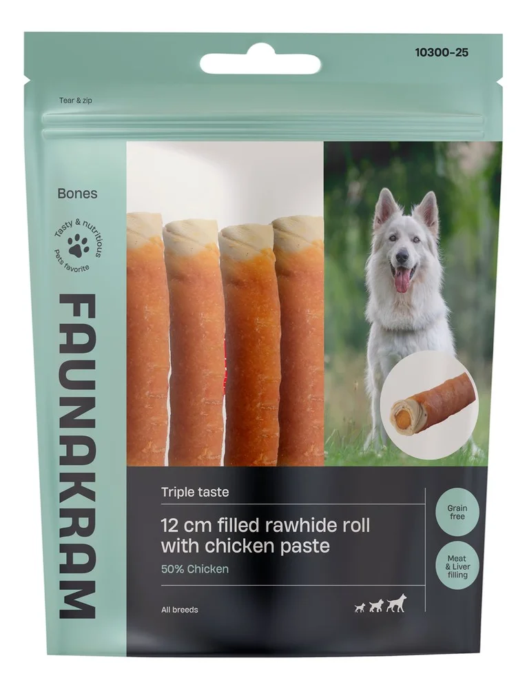 Faunakram 12 cm Filled Rawhide Roll with Chicken Paste – 170 g. v:8727334