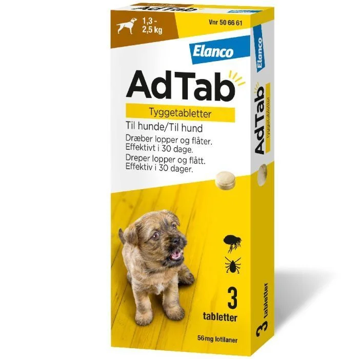 AdTab 56mg tyggetabletter til hund (XS) – 3 stk v:6248054 AdTab 56mg tyggetabletter til hund (XS) – 3 stk v:6248054