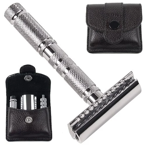 Parker Shaving A1-R 4 piece travel safety razor & leather pouch v:5019336 Parker Shaving A1-R 4 piece travel safety razor & leather pouch v:5019336