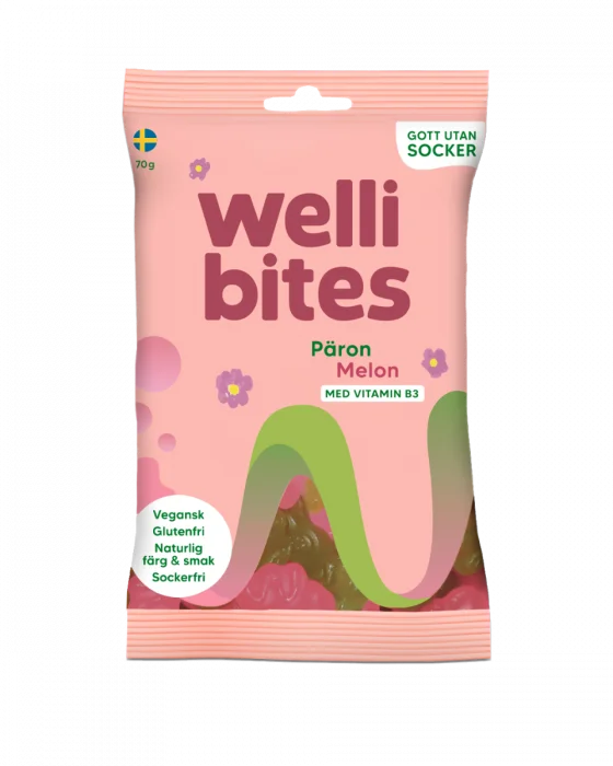 Wellibites sukkerfritt godteri pære- og melonsmak 70 g v:3085156