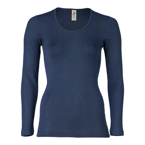 Langærmet Bluse, Ull/silke, Navy | Str. 38/40 v:1807911